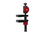 Black and red clamp with a screw-on top for mounting accessories.