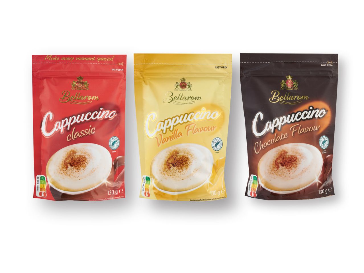 Kolm Bellaromi cappuccino pakki klassikalise, vanilli- ja šokolaadimaitsega.