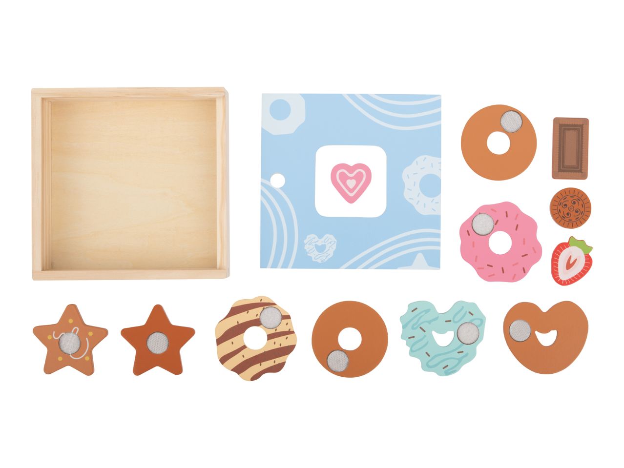 A wooden box and various wooden play food items including donuts, cookies, and a strawberry.