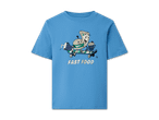 Blaues T-Shirt für Kinder mit lustigem Fast-Food-Motiv auf einem Skateboard.