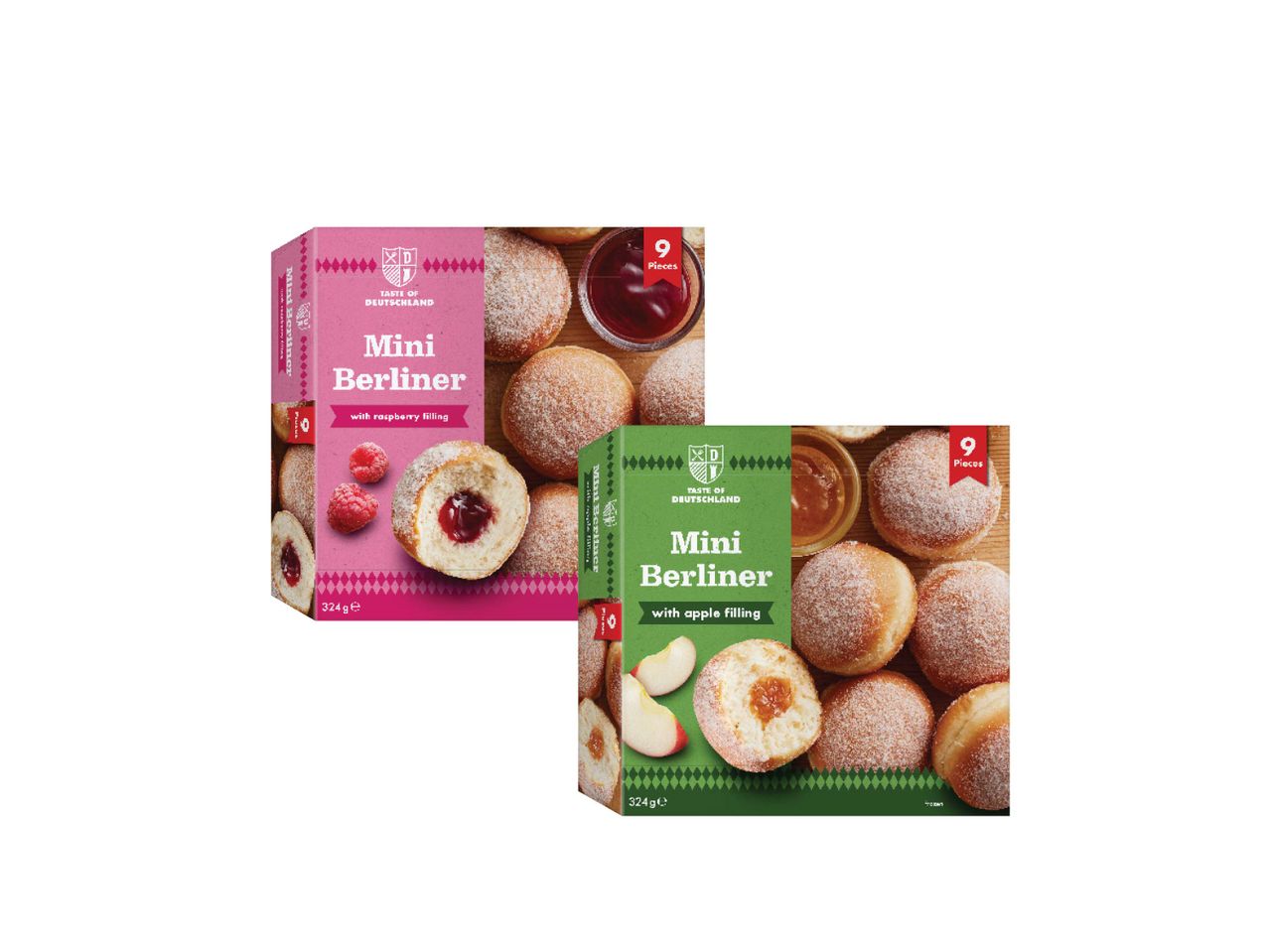 Dvi pakuotės „Taste of Germanland Mini Berliner“ spurgų: viena su aviečių, kita su obuolių įdaru.
