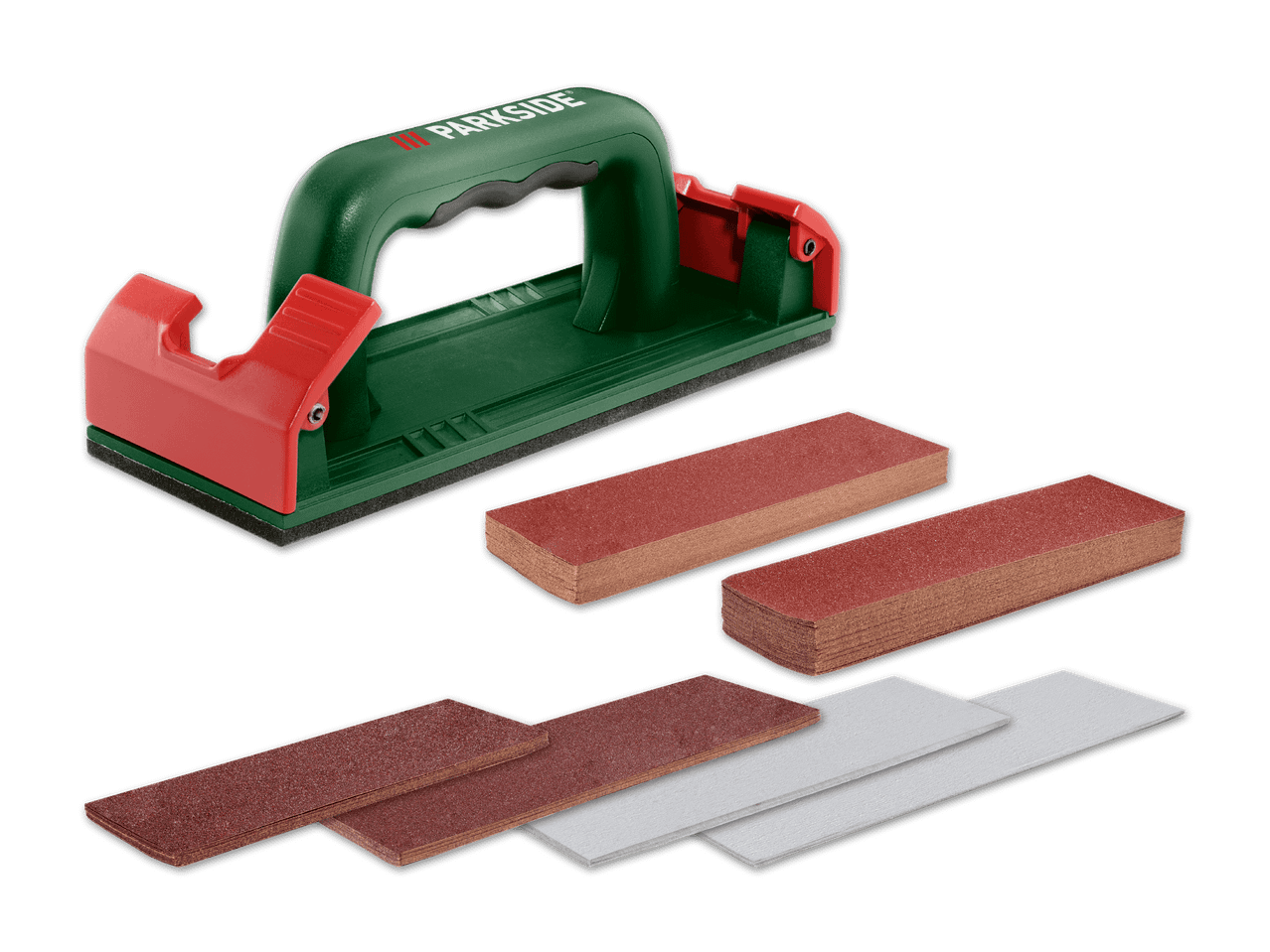 Handschleifer mit rotem Griff und grüner Basis, daneben Stapel von Schleifpapier in Rot und Weiß.