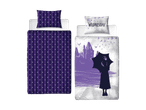 Wednesday Bettwäsche-Sets mit lila Streifenmuster und Wednesday Addams Motiv.