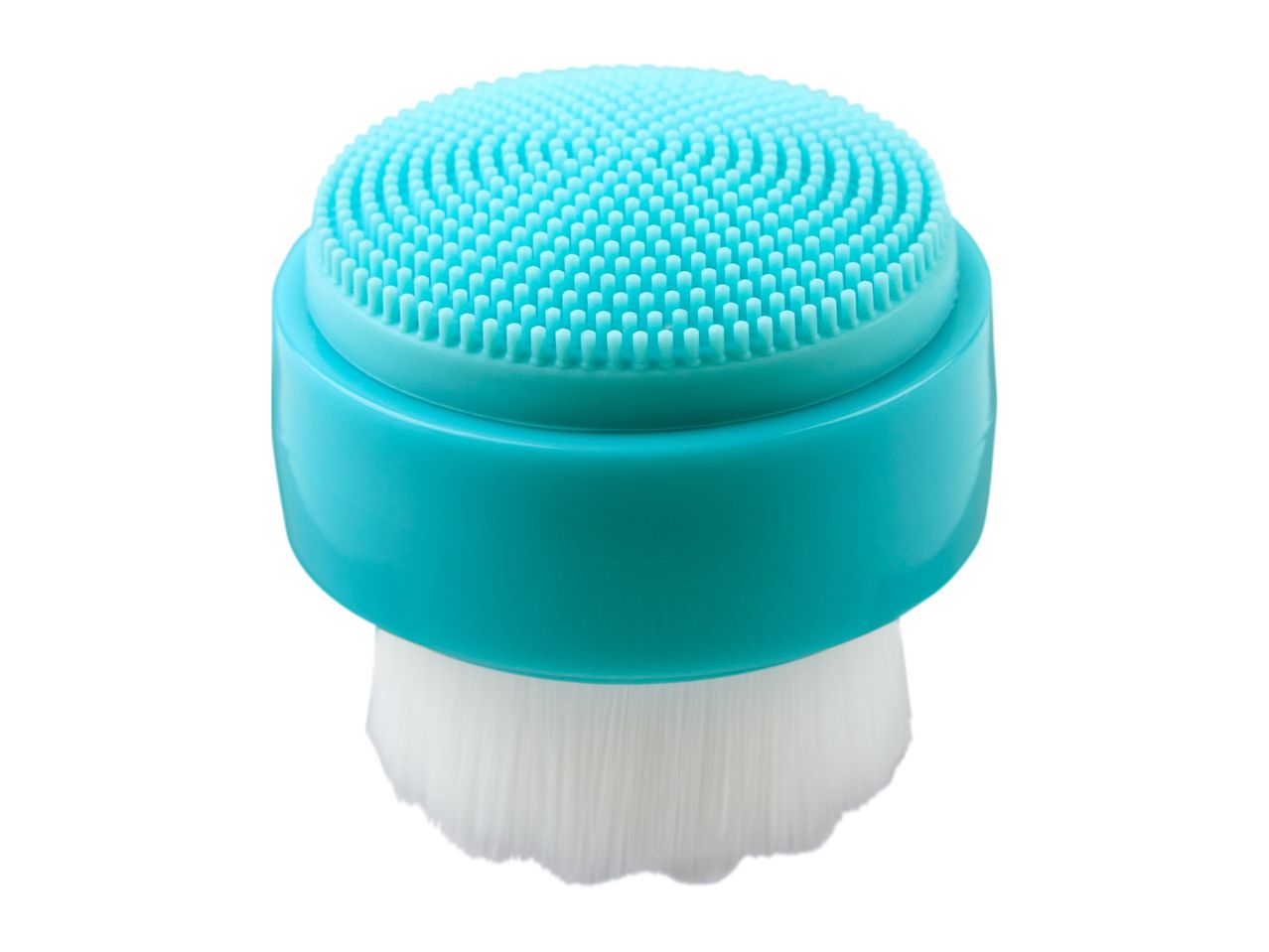 A teal silicone facial cleansing brush with a white base.