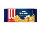 Verpakking van mini crackers met de tekst 'NATUREL / NATURE' en een serveersuggestie.
