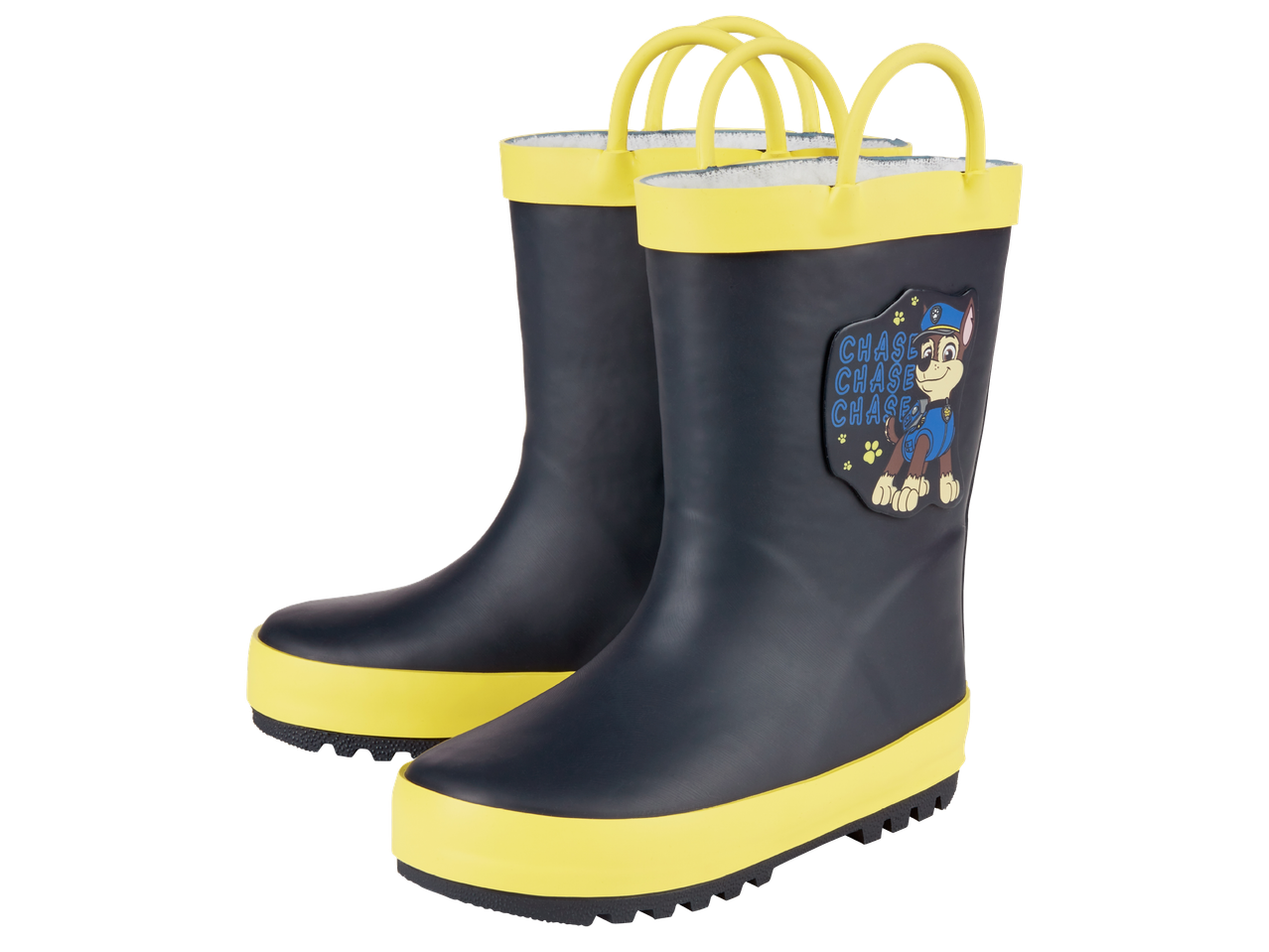 Детски гумени ботуши в тъмносиньо и жълто с щампа на кученце