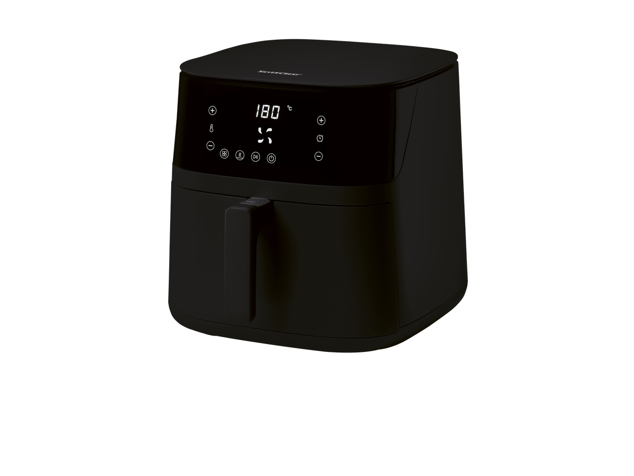 Een zwarte Silvercrest airfryer met een digitaal display.