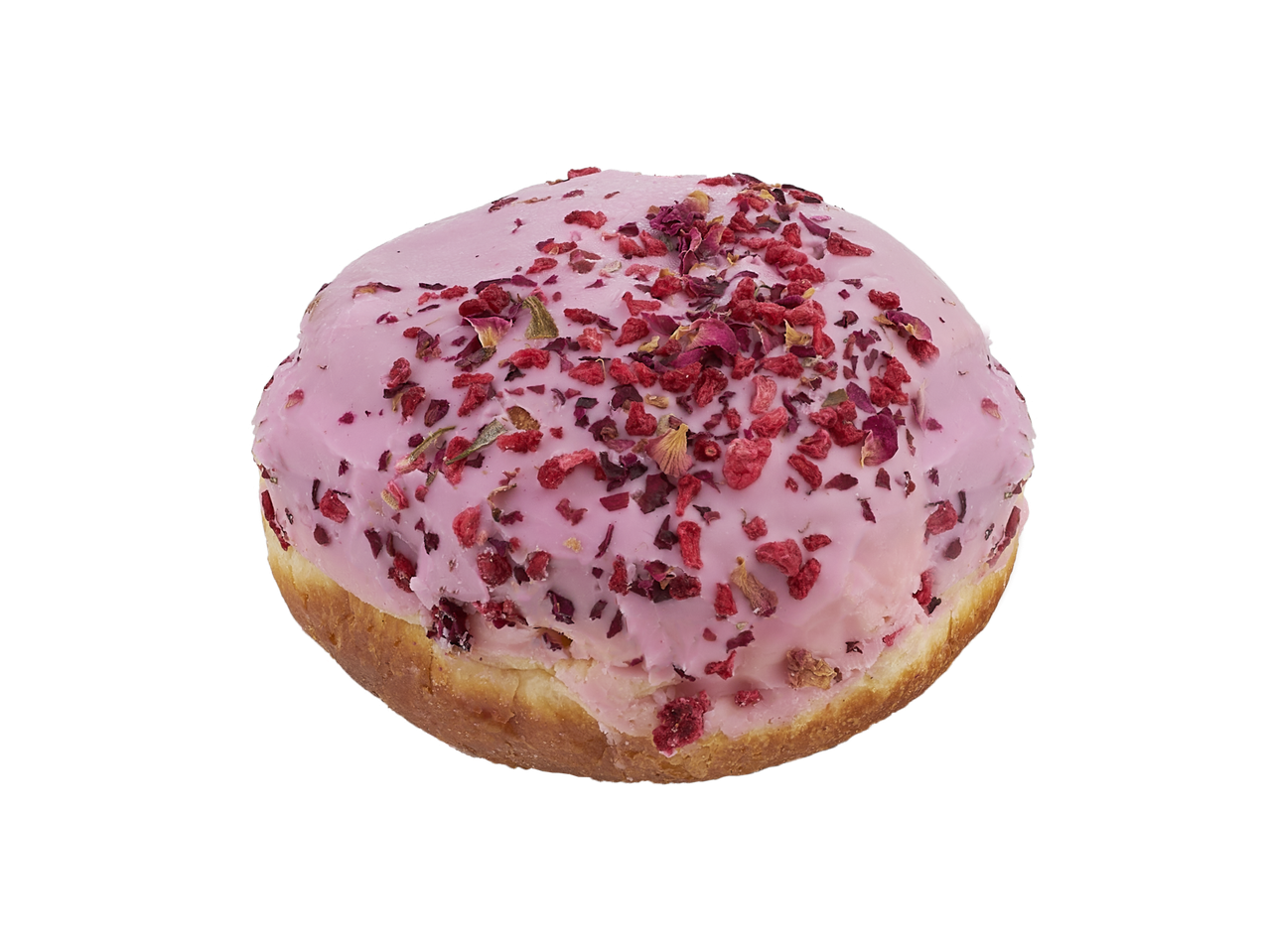 Rožinis spurgas su vaisių gabalėliais ir žiedlapiais.