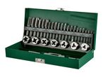 Green metal box with a tap and die set, including various sizes of taps and dies from M3 to M12.