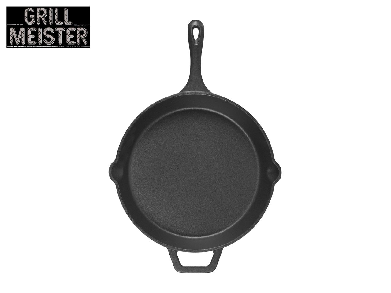 Cast iron skillet with a handle and a helper handle, with 'GRILL MEISTER' text.