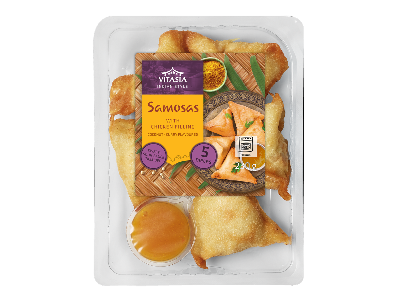 Vitasia Indian Style Samosa's met kipvulling, kokos-curry smaak, met zoetzure saus.
