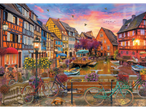 Lupilu® puzle: Krāsaina pilsēta pie kanāla ar mājām, laivām, dzīvniekiem un velosipēdiem.