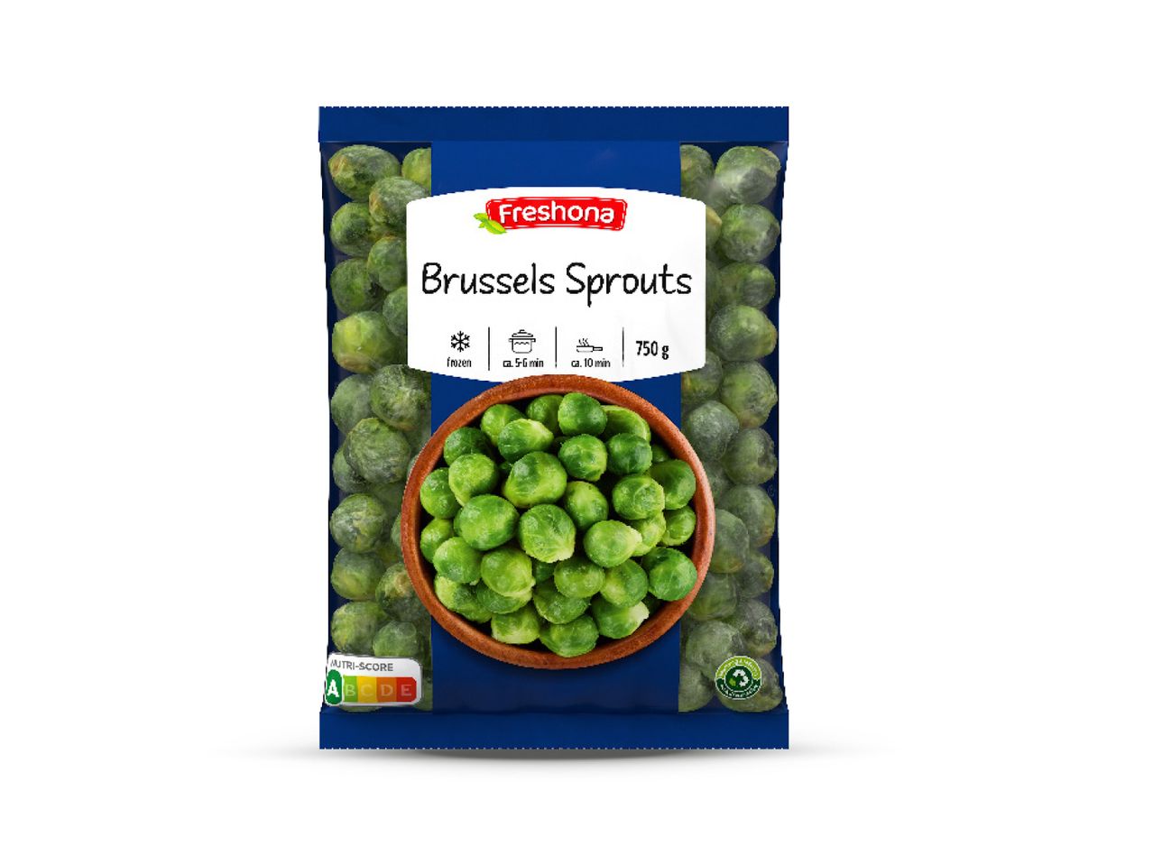 Freshona smrznute prokulice u pakiranju od 750 g s Nutri-Score oznakom.