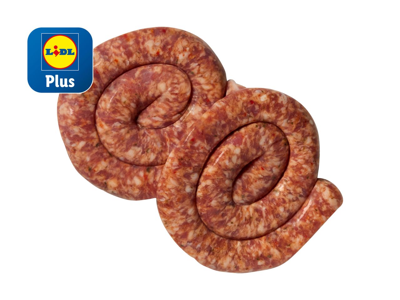 Zwei spiralförmige Würste mit dem Lidl Plus Logo.