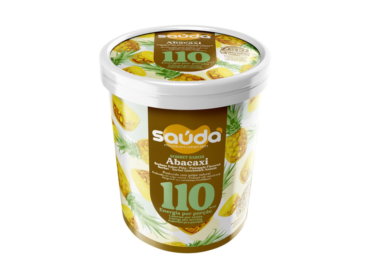 Pineapple-flavored sorbet tub with 110 kcal per serving, zero fat and lactose.