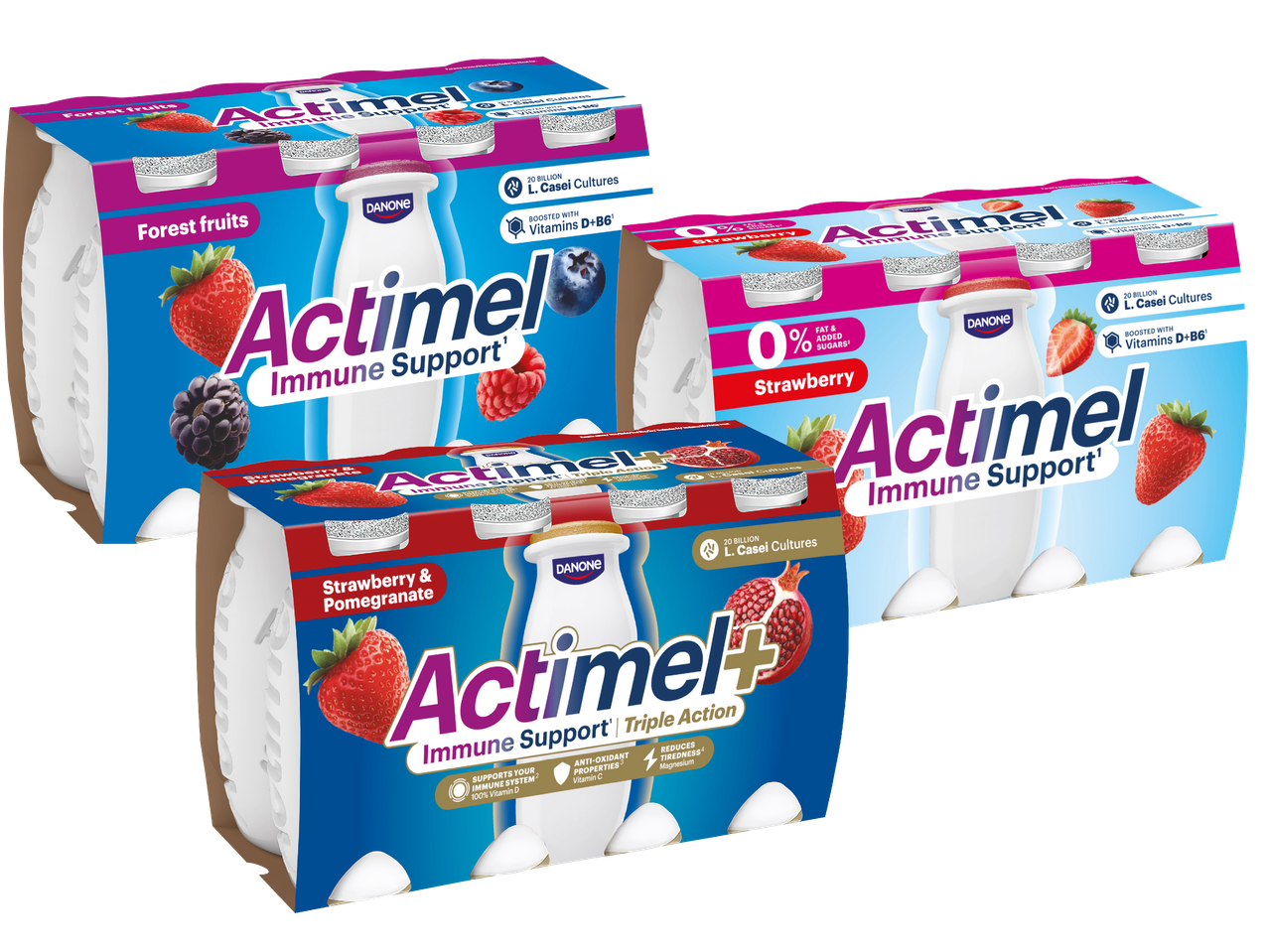Danones Actimel Immune Support-yoghurt i olika smaker.