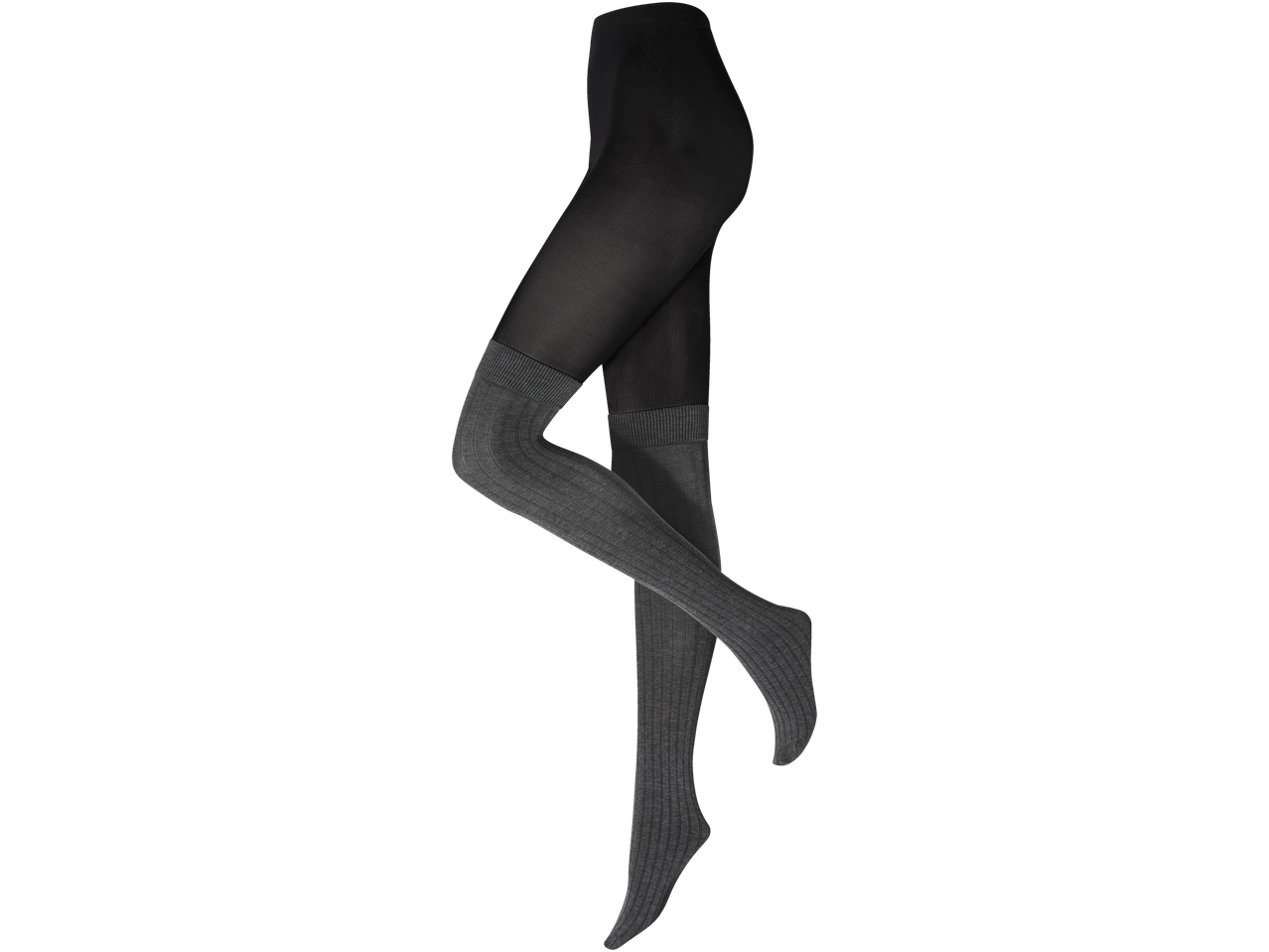Esmara, zeķubikses, melnas ar pelēkām rievotām zeķēm līdz celim.
