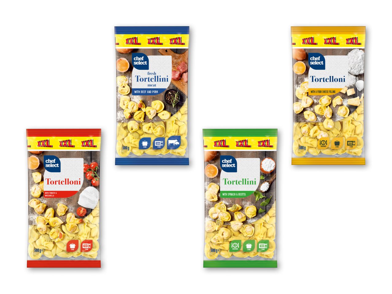 Chef Select tilbyder fire varianter af store tortellini: oksekød og svinekød, fire oste, spinat og ricotta samt tomat og mozzarella.