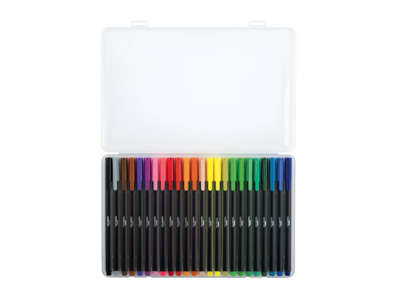 An open clear plastic case containing 24 colorful fineliner pens arranged in two rows.