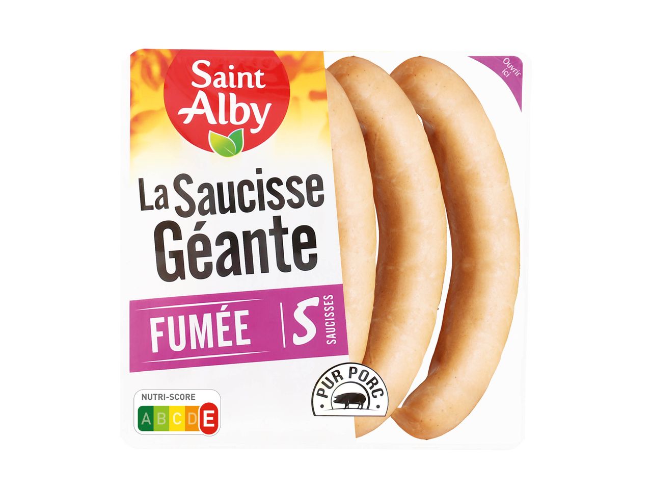 Saucisses fumées géantes Saint Alby, emballage avec Nutri-Score E.