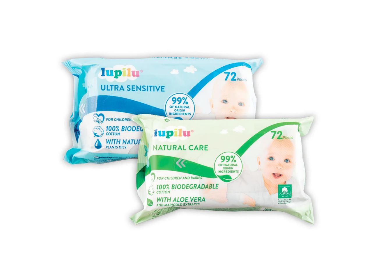 Lupilu servetėlės: Ultra Sensitive ir Natural Care, 72 vnt., 99% natūralių ingredientų.