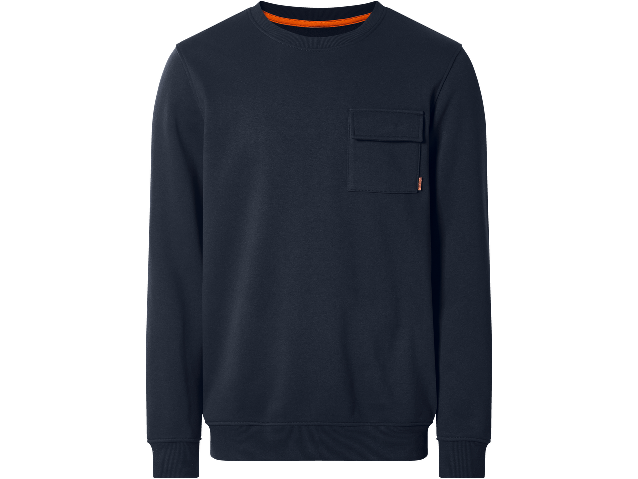 Tamsiai mėlynas vyriškas sportinis džemperis su apvalia apykakle ir kišene ant krūtinės.