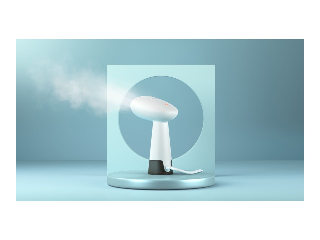 A white handheld garment steamer emits steam against a light blue background.
