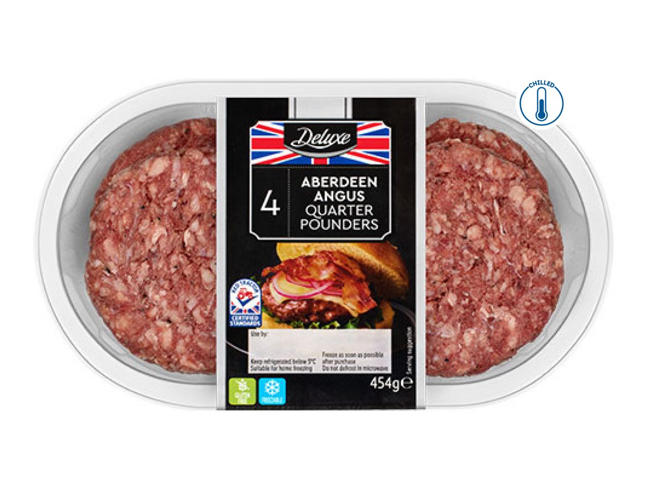 Pack of four chilled Aberdeen Angus quarter pounder beef burgers, 454g
