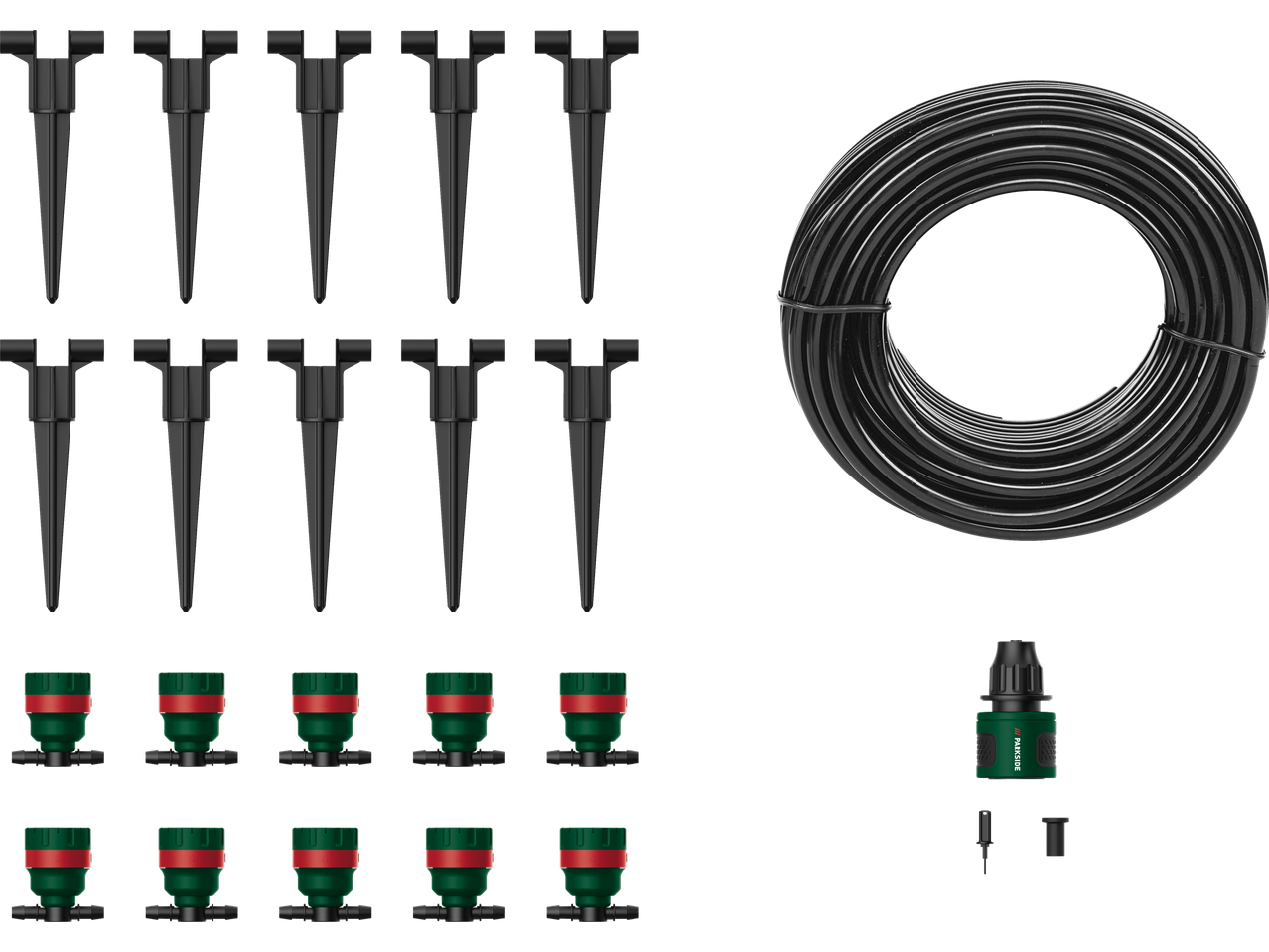 PARKSIDE purkštuvų rinkinys su žarna, juodais kuoliukais ir žaliais purkštuvais.