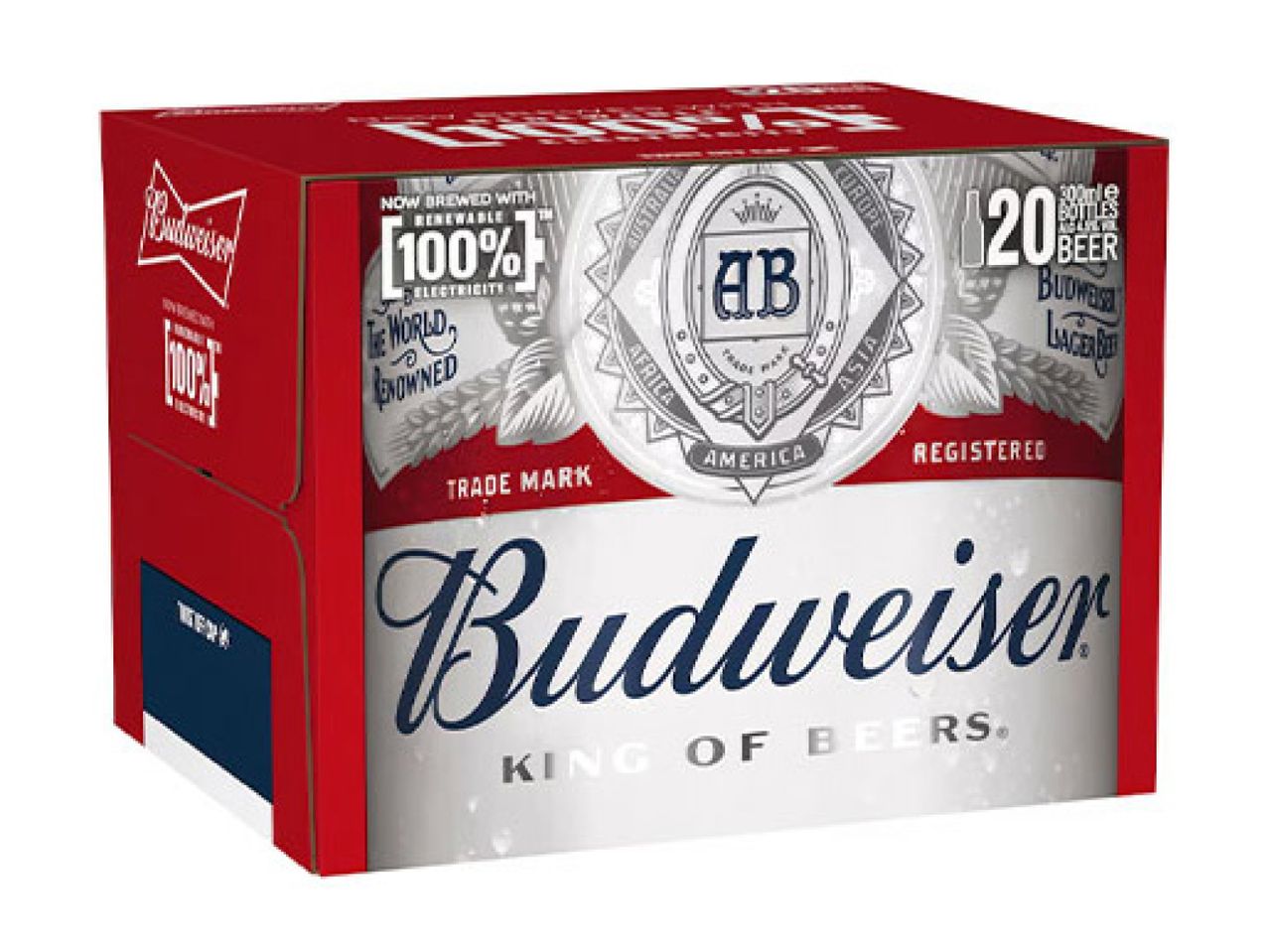Red and white beer multipack with 20 bottles, brewed with 100% renewable electricity.