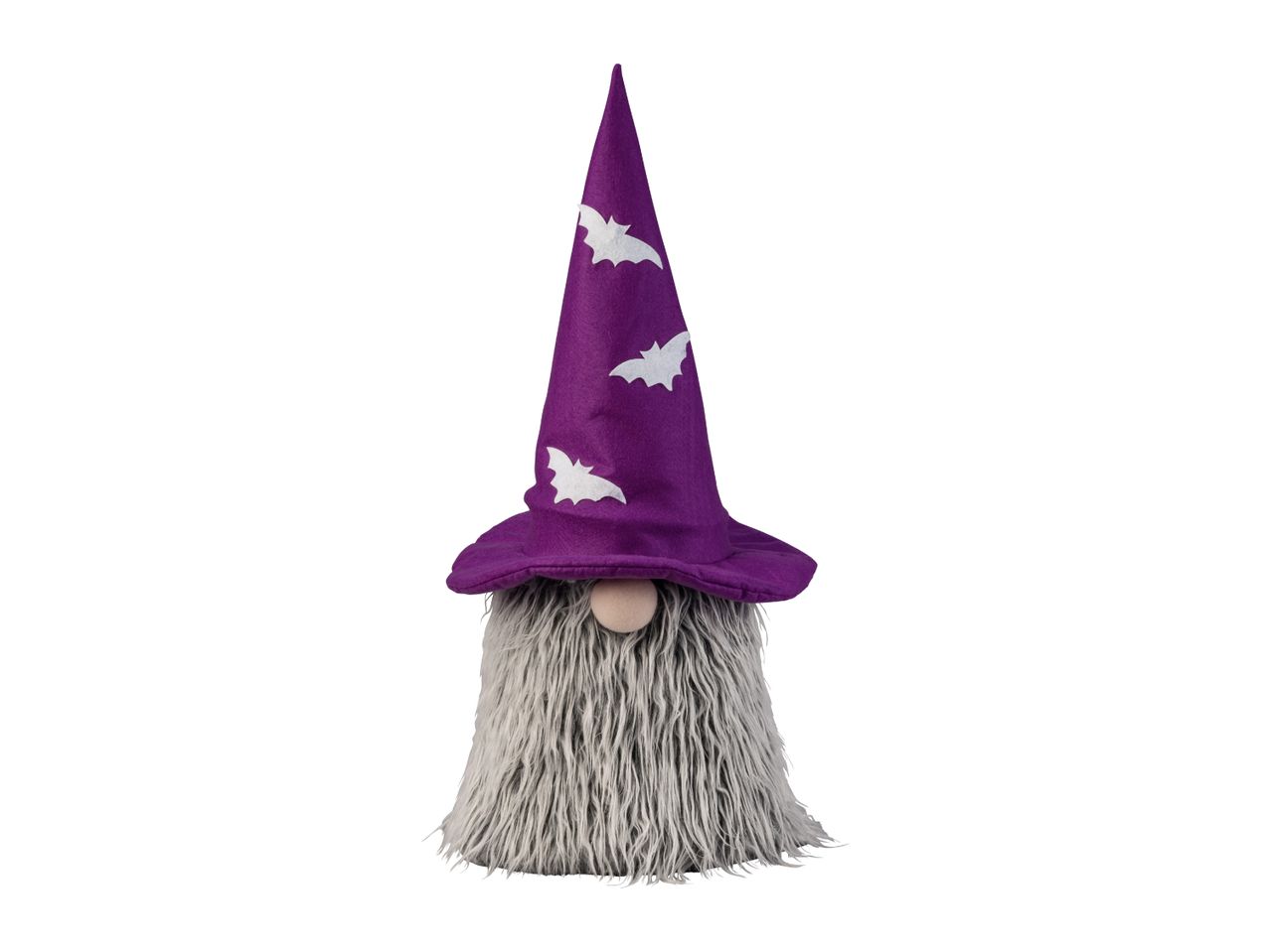 Halloween gnome decoration with a purple bat-patterned hat and a long grey beard