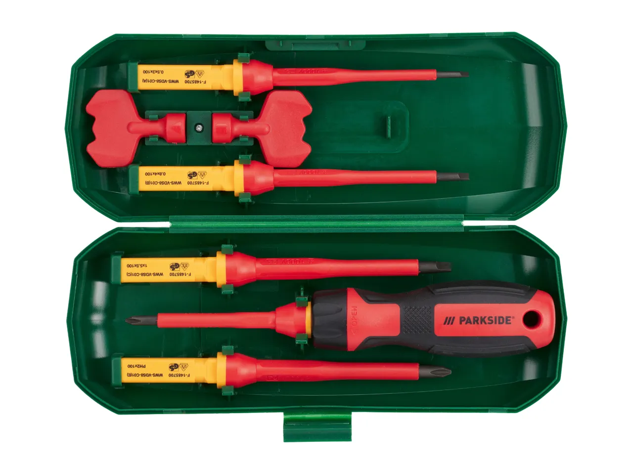 A Parkside screwdriver set with interchangeable insulated blades and a handle in a green case.