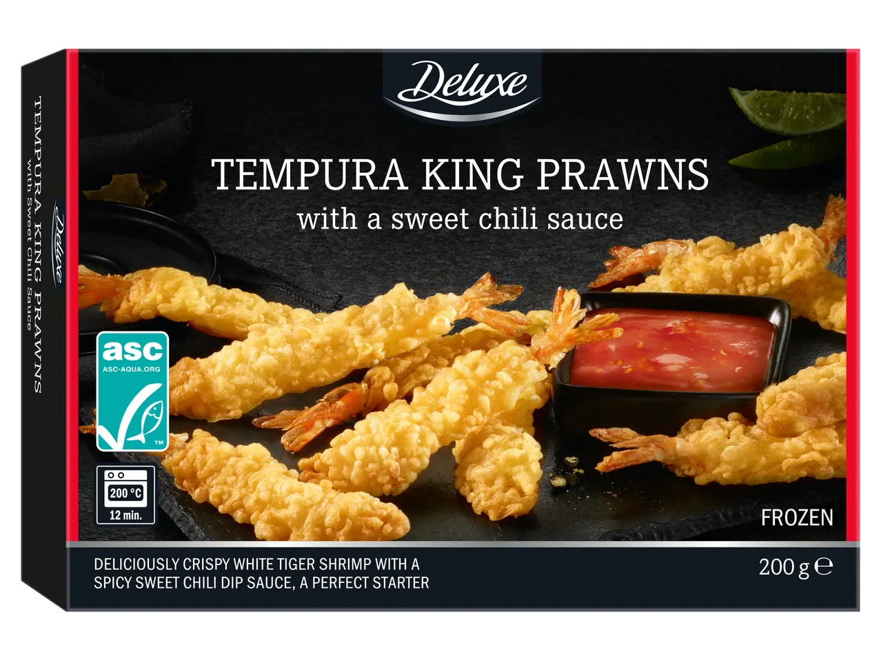 Deluxe tempura karaliskās garneles ar saldo čili mērci, saldētas, 200g.