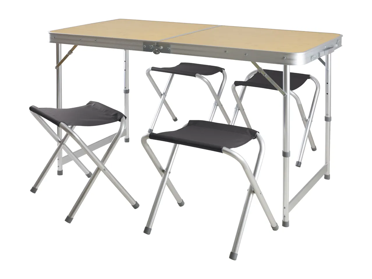 Portable camping table with four folding stools, ideal for outdoor activities.