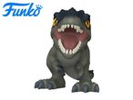 A gray dinosaur toy with an open mouth and sharp teeth, with a blue logo in the top left.