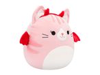 A pink cat plush toy with red devil horns and wings.