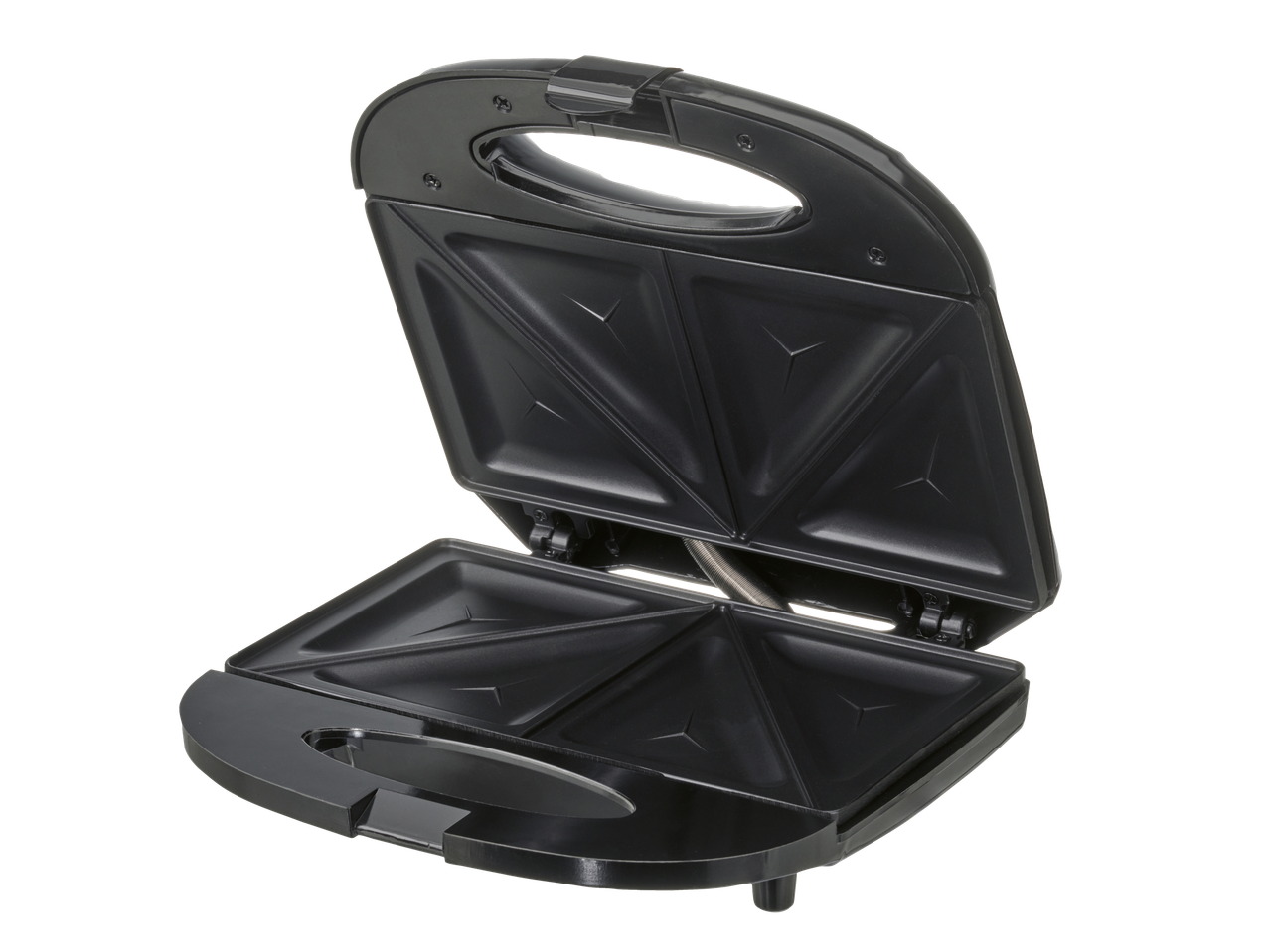 Triangle sandwich toaster: open black kitchen appliance.
