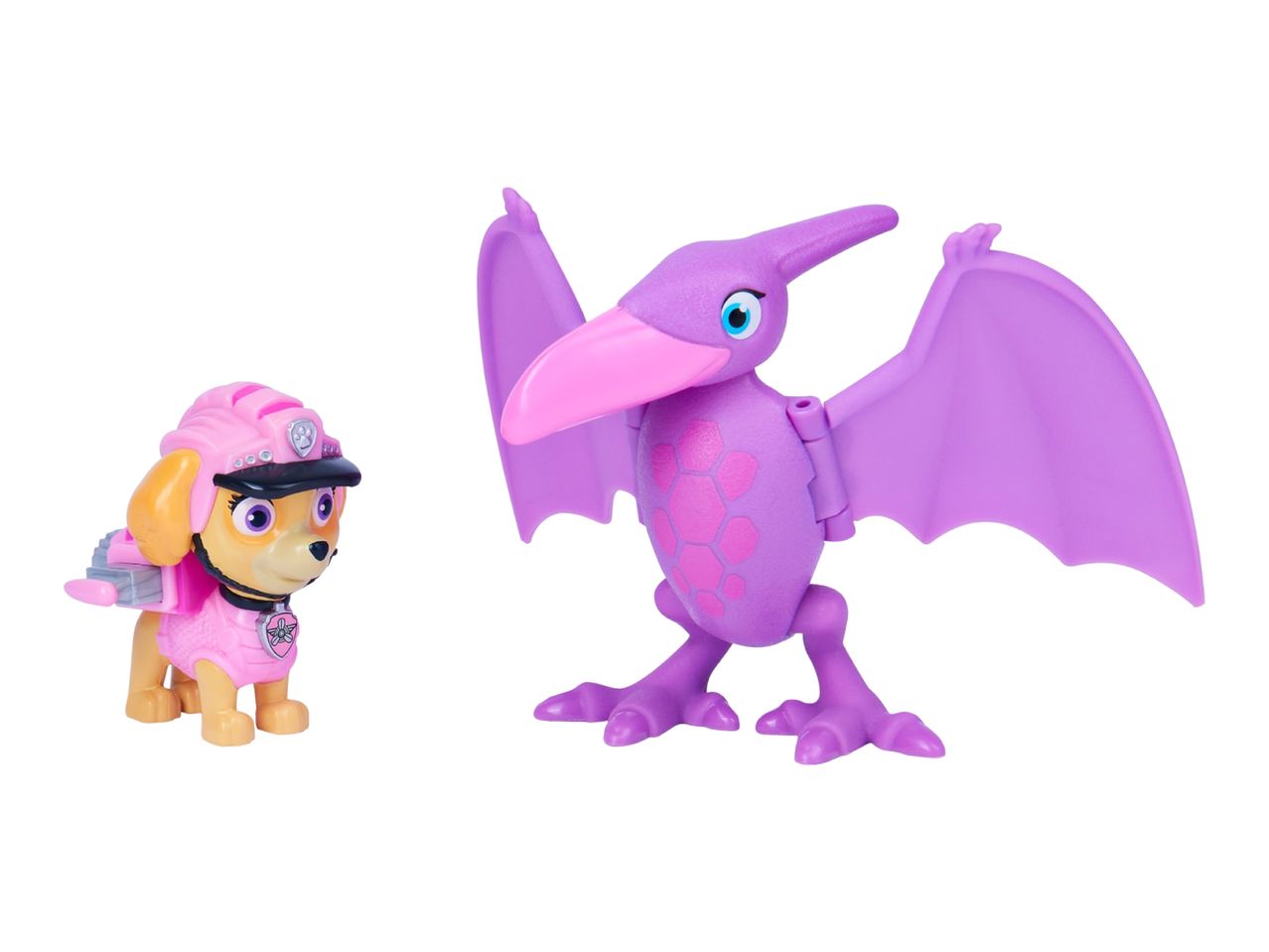 Pink dog figure in pilot gear and a purple pterodactyl toy.