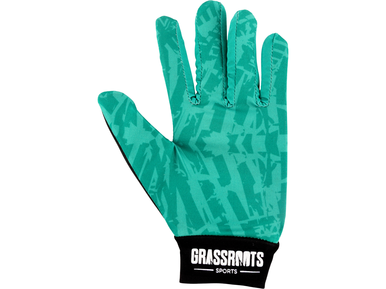Green kids' football glove with a patterned design and 'GRASSROOTS SPORTS' logo on the cuff.