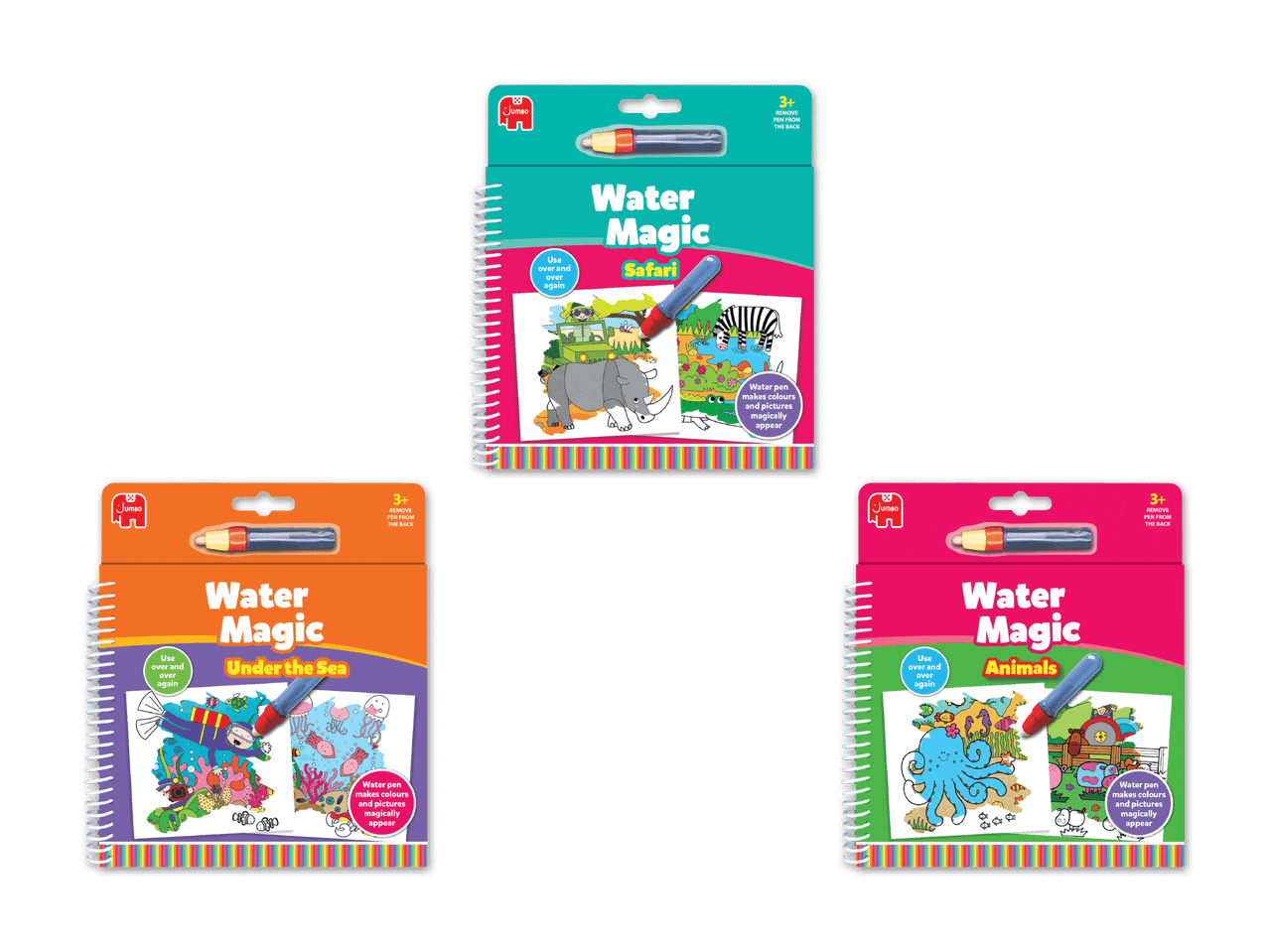 Drei Jumbo Water Magic Malbücher mit Safari-, Unterwasser- und Tiermotiven.