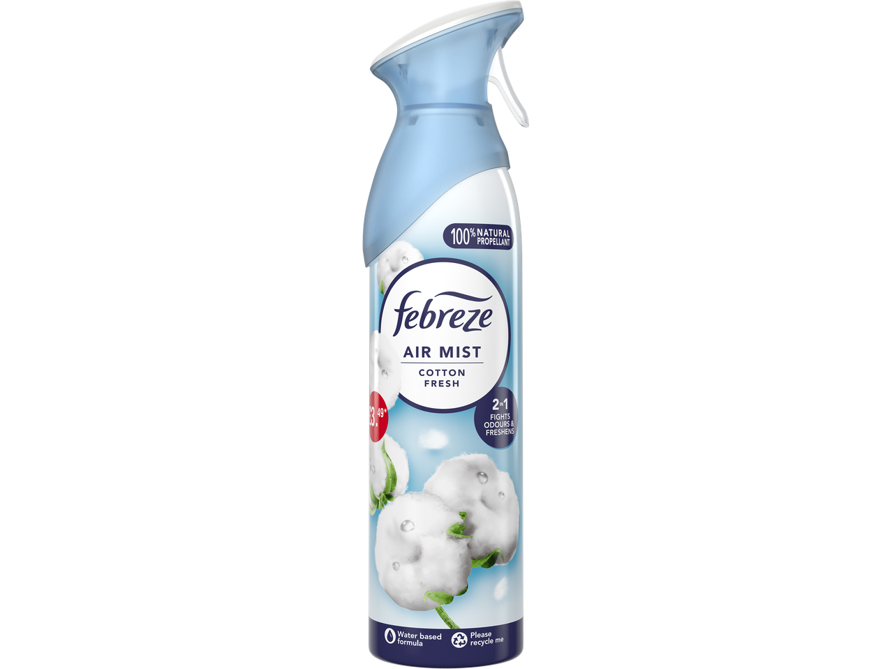 Febreze Air Mist Cotton Fresh spray bottle with cotton blossoms.