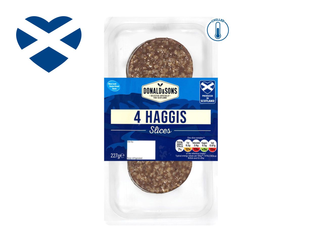 Donald & Sons 4 Haggis Slices, 227g, with nutritional information and 'Produced in Scotland' label.