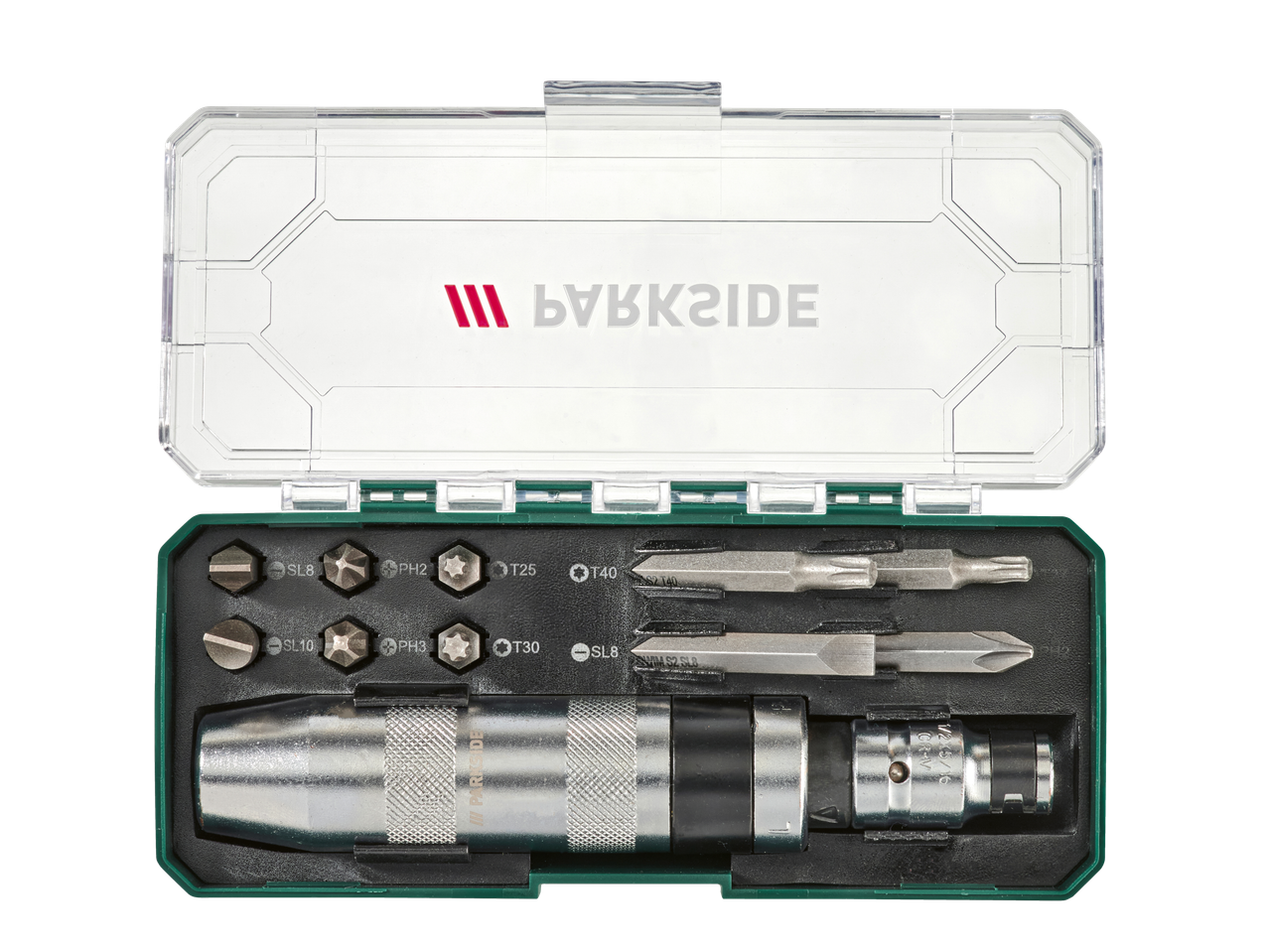 Parkside skrūvgriežu uzgaļu komplekts ar rokturi un adapteriem zaļā un caurspīdīgā futrālī.