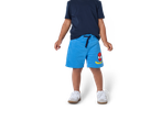 Kids' blue jersey shorts with a Spider-Man graphic, paired with a navy t-shirt and white sneakers.