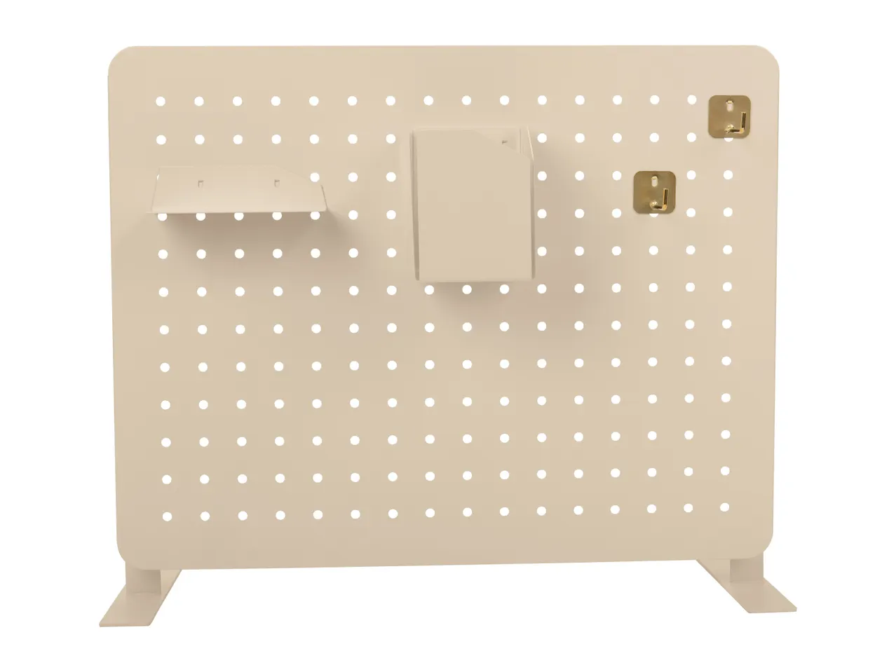 Beige pegboard with a shelf, a container, and two hooks, ideal for organizing tools or crafts.