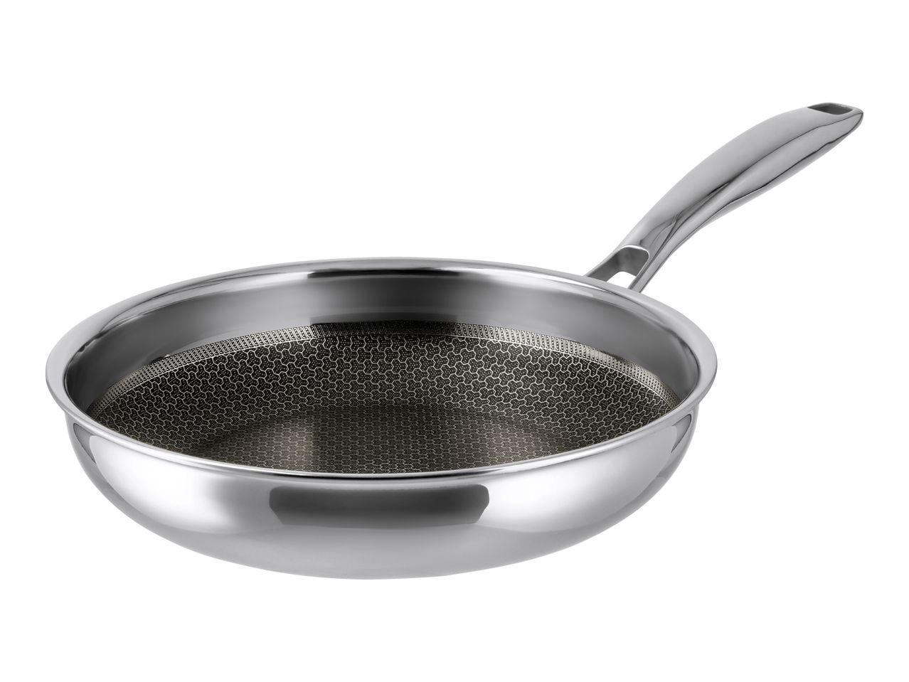 Stainless steel frying pan with a honeycomb-patterned non-stick interior.