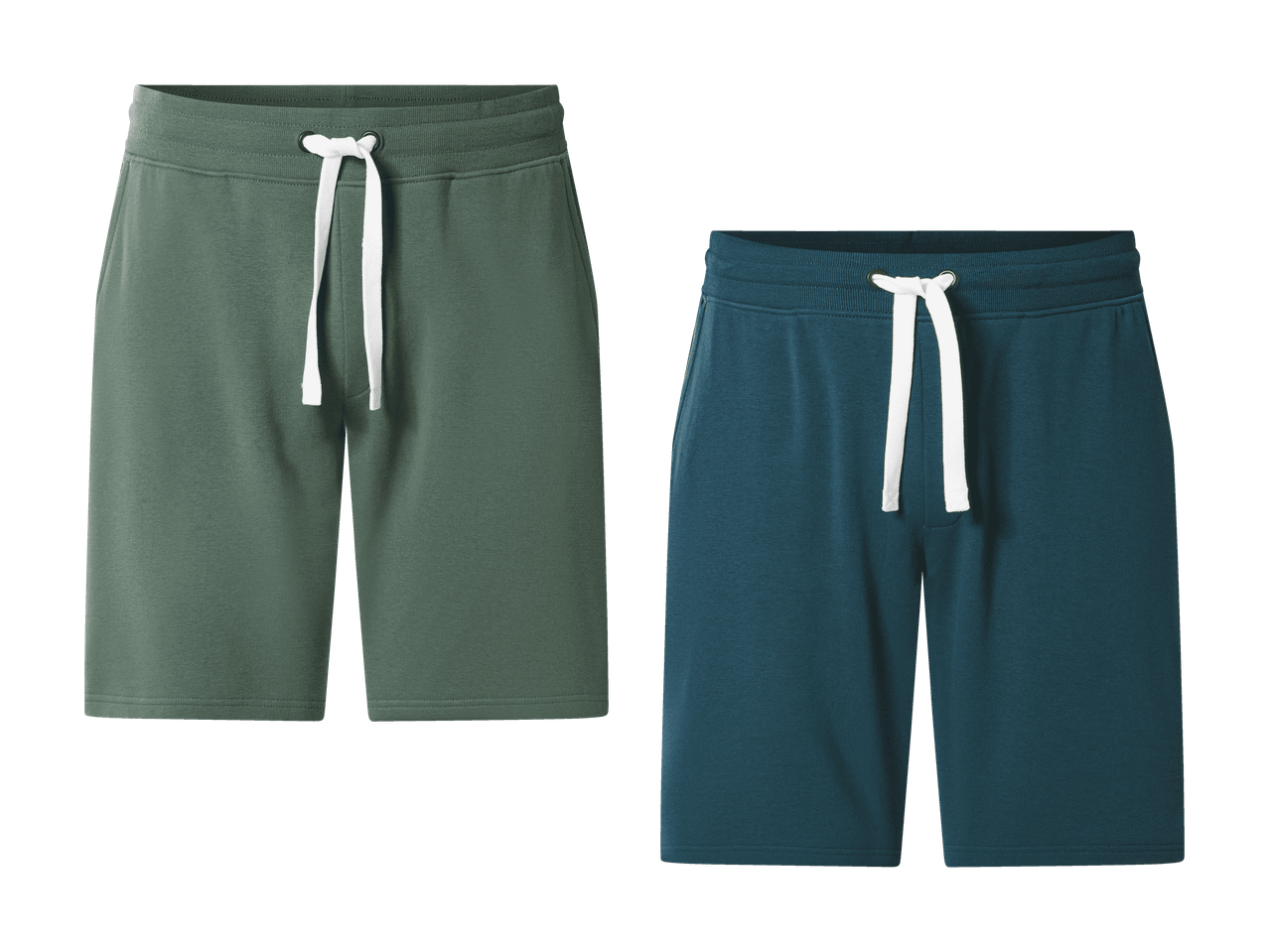 Deux shorts de sport pour hommes, un vert sauge et un bleu pétrole, avec cordon de serrage blanc.