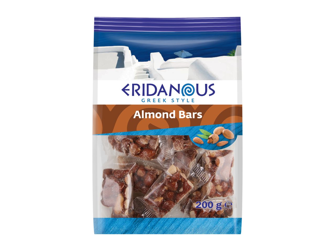 Packaging for Greek-style almond bars, featuring a white and blue Greek island scene.