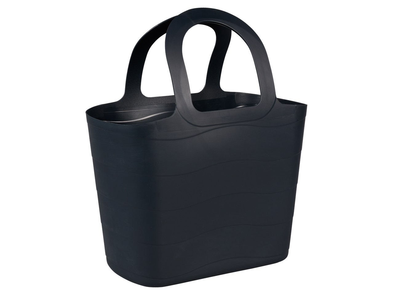A dark-grey plastic tote bag with a handle.