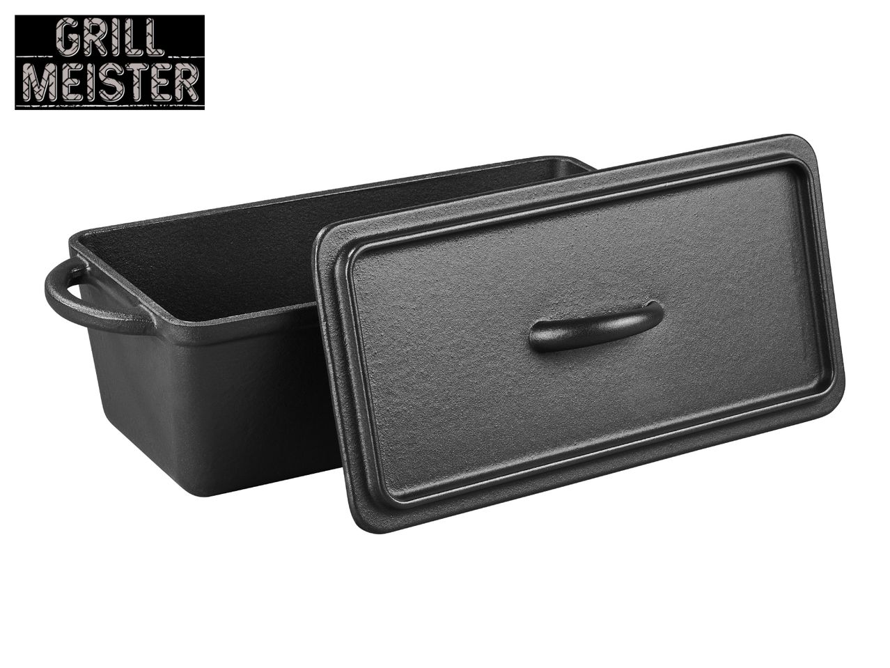 Black cast iron loaf pan with lid, featuring a textured surface and handles.